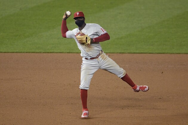 Philadelphia Phillies shortstop Didi Gregorius (18) in action during the second baseball game of a doubleheader against the Washington Nationals, Tuesday, Sept. 22, 2020, in Washington. This game is a makeup from Aug. 27. The Nationals won 8-7 in extra innings. (AP Photo/Nick Wass)