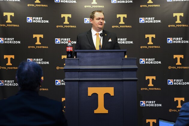 New Tennessee NCAA college football head coach Josh Heupel speaks during an introductory press conference at Neyland Stadium in Knoxville, Tenn., Wednesday, Jan. 27, 2021. (Caitie McLekin/Knoxville News Sentinel via AP, Pool)