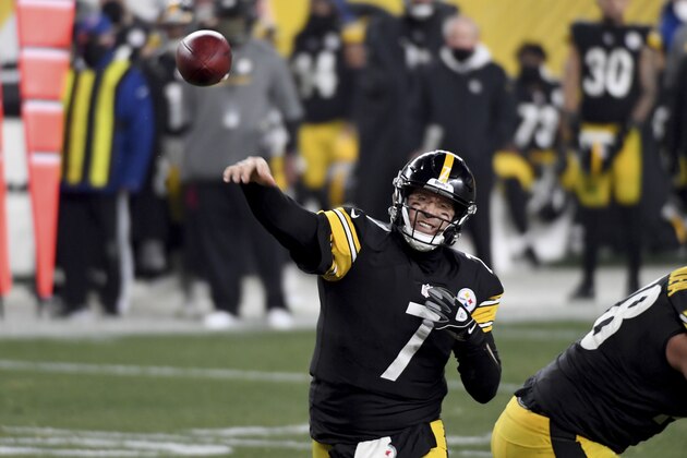 Pittsburgh Steelers quarterback Ben Roethlisberger (7) in action during an NFL wild-card playoff football game against the Cleveland Browns, Sunday, Jan. 10, 2021, in Pittsburgh. (AP Photo/Justin Berl)