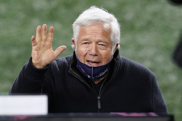 New England Patriots owner Robert Kraft waves to someone before an NFL football game against the Buffalo Bills, Monday, Dec. 28, 2020, in Foxborough, Mass. (AP Photo/Elise Amendola)