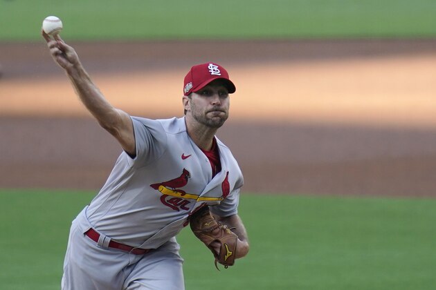 St. Louis Cardinals starting pitcher Adam Wainwright works against a San Diego Padres batter during the first inning of Game 2 of a National League wild-card baseball series Thursday, Oct. 1, 2020, in San Diego. (AP Photo/Gregory Bull)