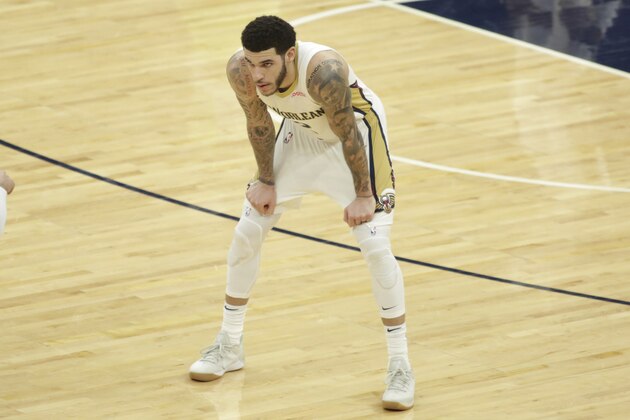New Orleans Pelicans guard Lonzo Ball plays against the Minnesota Timberwolves during an NBA basketball game, Saturday, Jan. 23, 2021, in Minneapolis. (AP Photo/Andy Clayton-King)