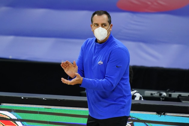 Los Angeles Lakers' Frank Vogel coaches during an NBA basketball game against the Philadelphia 76ers, Wednesday, Jan. 27, 2021, in Philadelphia. (AP Photo/Matt Slocum)