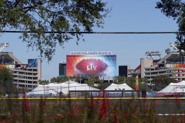 Raymond James Stadium, the site of NFL football Super Bowl LV, is shown Thursday, Jan. 28, 2021, in Tampa, Fla. The Tampa Bay Buccaneers play the Kansas City Chiefs on Feb. 7. (AP Photo/Chris O'Meara)