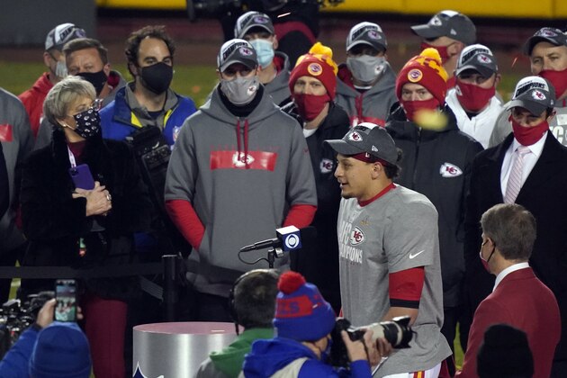 Kansas City Chiefs quarterback Patrick Mahomes celebrates after the AFC championship NFL football game against the Buffalo Bills, Sunday, Jan. 24, 2021, in Kansas City, Mo. The Chiefs won 38-24. (AP Photo/Jeff Roberson)