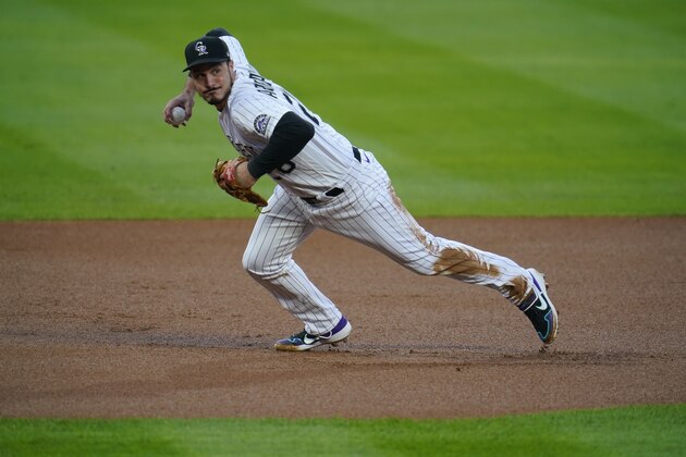 Colorado Rockies third baseman Nolan Arenado (28) in the first inning of a baseball game Friday, Sept. 11, 2020, in Denver.(AP Photo/David Zalubowski)