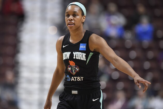 New York Liberty's Asia Durr during the first half of a preseason WNBA basketball game, Tuesday, May 14, 2019, in Uncasville, Conn. (AP Photo/Jessica Hill)
