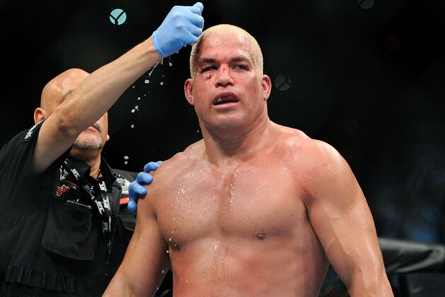 Tito Ortiz gets cools down after his fight with Forrest Griffin at their UFC 148 light heavyweight fight at the MGM Grand Garden Arena Saturday, July 7, 2012 in Las  Vegas. Griffin won the bout by a unanimous decision. (AP Photo/David Becker)