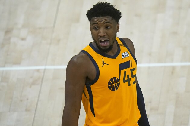 Utah Jazz guard Donovan Mitchell (45) looks on in the second half during an NBA basketball game against the New York Knicks Tuesday, Jan. 26, 2021, in Salt Lake City. (AP Photo/Rick Bowmer)