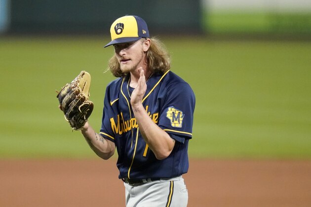 Milwaukee Brewers relief pitcher Josh Hader celebrates after getting St. Louis Cardinals' Paul Goldschmidt to fly out in foul territory for the final out of a baseball game Saturday, Sept. 26, 2020, in St. Louis. The Brewers won 3-0. (AP Photo/Jeff Roberson)