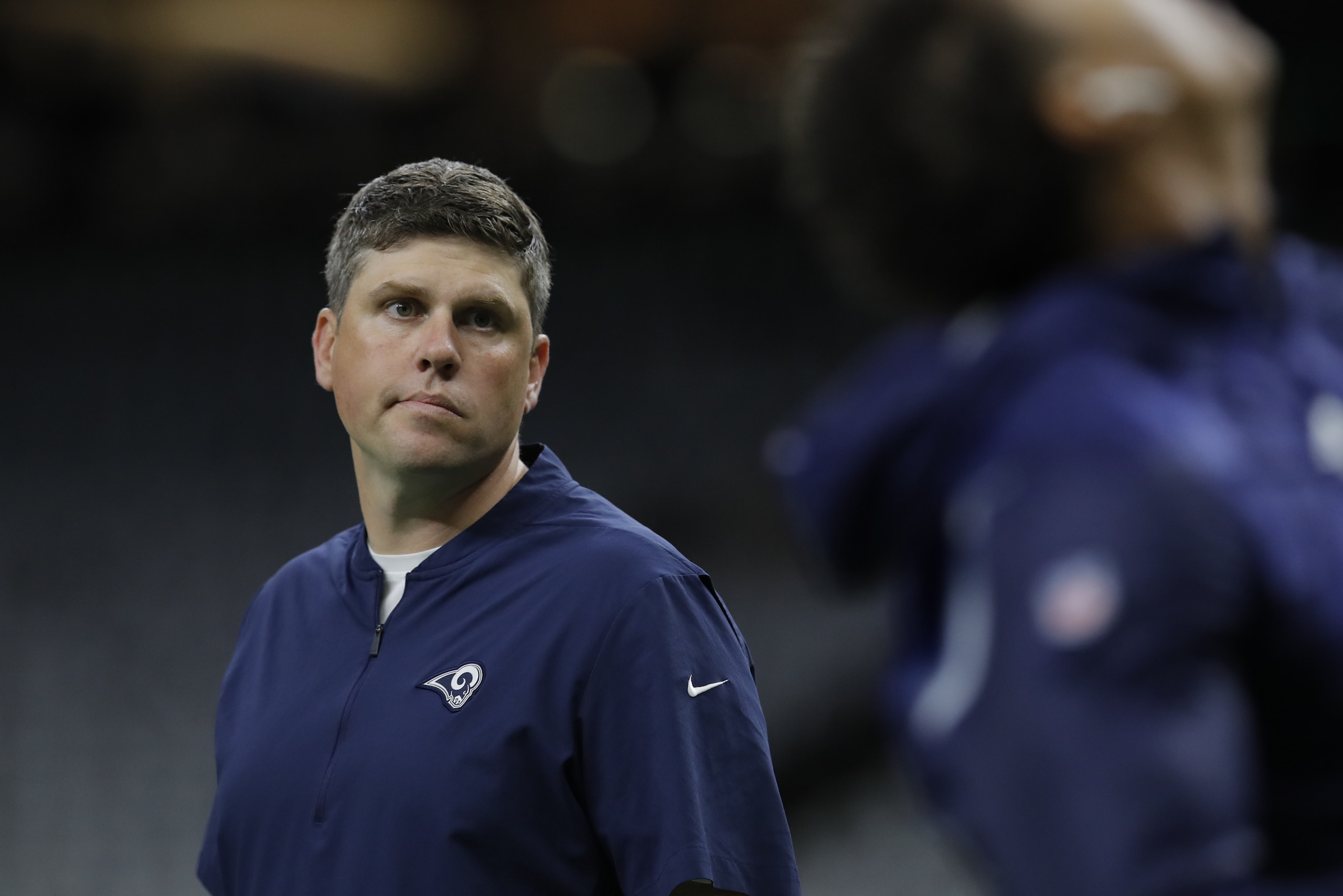 Los Angeles Rams pass game coordinator Shane Waldron is seen before the NFL football NFC championship game against the New Orleans Saints Sunday, Jan. 20, 2019, in New Orleans. (AP Photo/Carolyn Kaster)