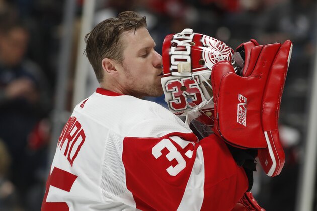 Detroit Red Wings goaltender Jimmy Howard (35) in the first period of an NHL hockey game Monday, Jan. 20, 2020, in Denver. (AP Photo/David Zalubowski)