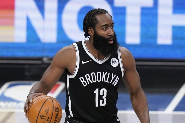 Brooklyn Nets' James Harden (13) during the second half of an NBA basketball game against the Miami Heat Saturday, Jan. 23, 2021, in New York. (AP Photo/Frank Franklin II)