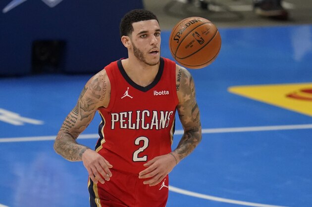 New Orleans Pelicans guard Lonzo Ball (2) during an NBA basketball game against the Oklahoma City Thunder, Thursday, Dec. 31, 2020, in Oklahoma City. (AP Photo/Sue Ogrocki)