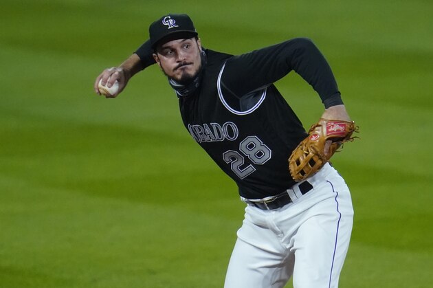 Colorado Rockies third baseman Nolan Arenado (28) in the seventh inning of a baseball game Saturday, Sept. 19, 2020, in Denver. (AP Photo/David Zalubowski)