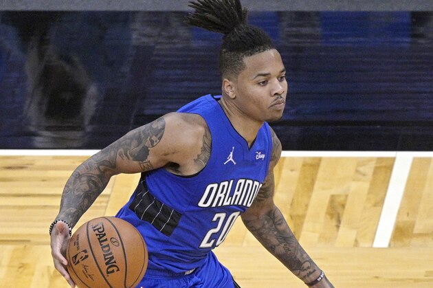 Orlando Magic guard Markelle Fultz (20) drives to the basket during the second half of an NBA basketball game against the Oklahoma City Thunder, Saturday, Jan. 2, 2021, in Orlando, Fla. (AP Photo/Phelan M. Ebenhack)