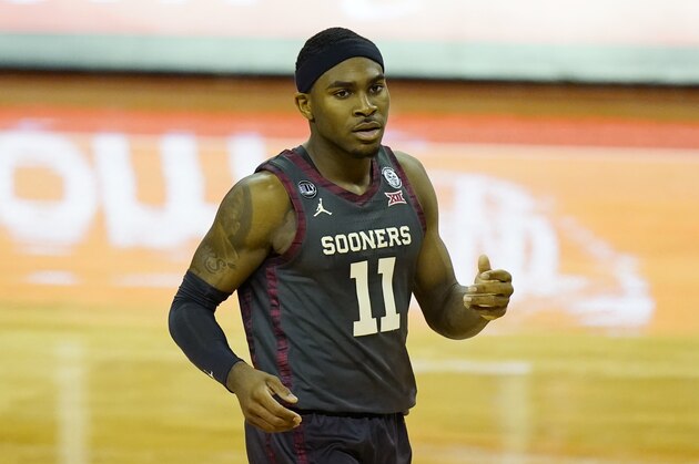 Oklahoma guard De'Vion Harmon (11) during the second half of an NCAA college basketball game against Texas, Tuesday, Jan. 26, 2021, in Austin, Texas. (AP Photo/Eric Gay)