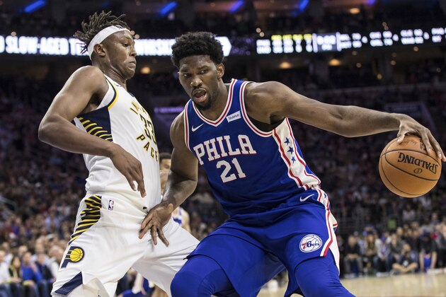 Philadelphia 76ers' Joel Embiid works against Indiana Pacers' Myles Turner, left, during the second half of an NBA basketball game, Friday, Nov. 3, 2017, in Philadelphia. The 76ers won 121-110. (AP Photo/Chris Szagola)