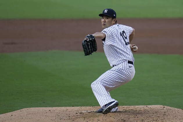 New York Yankees starting pitcher Masahiro Tanaka (19) throws against the Tampa Bay Rays during the third inning in Game 3 of a baseball American League Division Series, Wednesday, Oct. 7, 2020, in San Diego. (AP Photo/Gregory Bull)