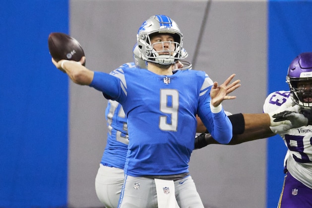 Detroit Lions quarterback Matthew Stafford (9) passes against the Minnesota Vikings during an NFL football game, Saturday, Jan. 3, 2021, in Detroit. (AP Photo/Rick Osentoski)
