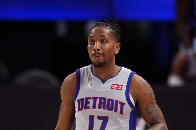 Detroit Pistons guard Rodney McGruder plays during the second half of an NBA basketball game, Monday, Jan. 25, 2021, in Detroit. (AP Photo/Carlos Osorio)