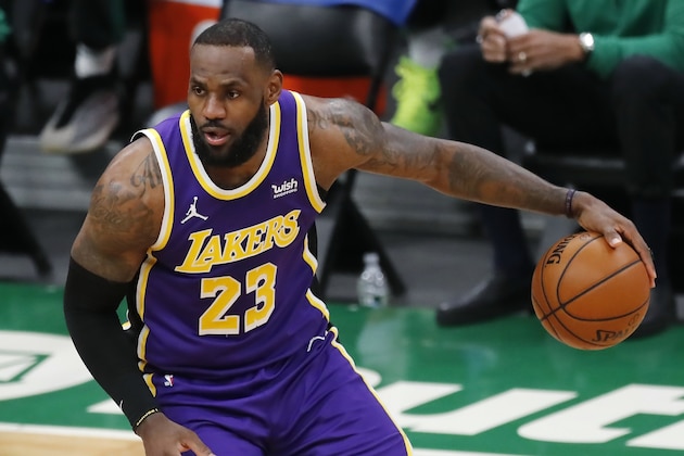 Los Angeles Lakers' LeBron James plays against the Boston Celtics during the second half of an NBA basketball game, Saturday, Jan. 30, 2021, in Boston. (AP Photo/Michael Dwyer)