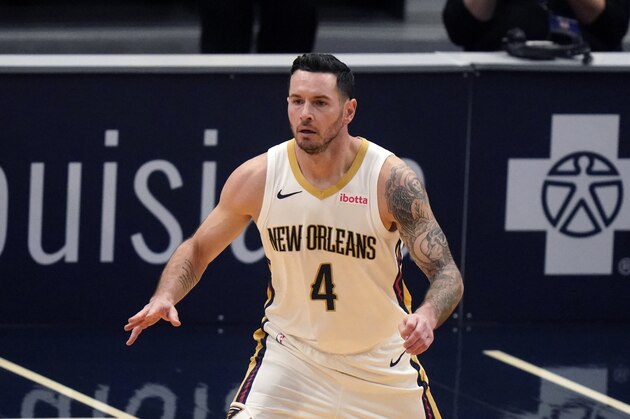 New Orleans Pelicans guard JJ Redick (4) sets up on defense in the second half of an NBA basketball game against the Indiana Pacers in New Orleans, Monday, Jan. 4, 2021. (AP Photo/Gerald Herbert)