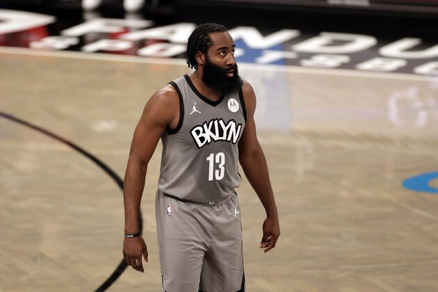 Brooklyn Nets guard James Harden (13) looks on against the Miami Heat during an NBA basketball game Monday, Jan. 25, 2021, in New York. The Nets won 98-85. (AP Photo/Adam Hunger)