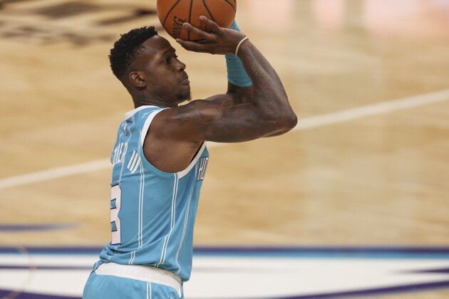 Charlotte Hornets guard Terry Rozier shoots a 3-pointer against the Indiana Pacers during the second half of an NBA basketball game in Charlotte, N.C., Friday, Jan. 29, 2021. (AP Photo/Nell Redmond)