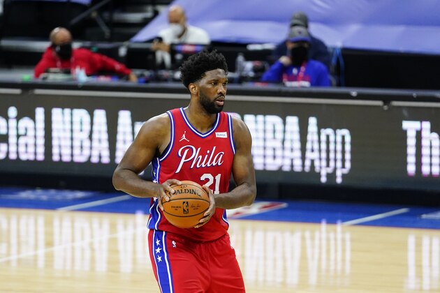 Philadelphia 76ers' Joel Embiid plays during an NBA basketball game against the Los Angeles Lakers, Wednesday, Jan. 27, 2021, in Philadelphia. (AP Photo/Matt Slocum)