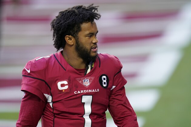 Arizona Cardinals quarterback Kyler Murray (1) prior to an NFL football game against the San Francisco 49ers, Saturday, Dec. 26, 2020, in Glendale, Ariz. (AP Photo/Ross D. Franklin)