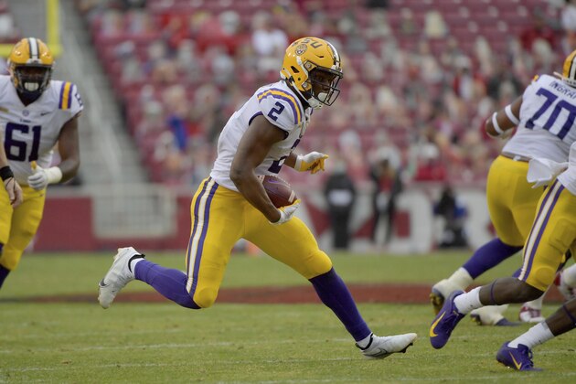 LSU tight end Arik Gilbert (2) against Arkansas during an NCAA college football game Saturday, Nov. 21, 2020, in Fayetteville, Ark. (AP Photo/Michael Woods)