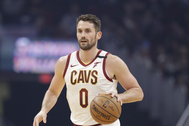 Cleveland Cavaliers' Kevin Love drives against the Miami Heat in the first half of an NBA basketball game, Monday, Feb. 24, 2020, in Cleveland. (AP Photo/Tony Dejak)