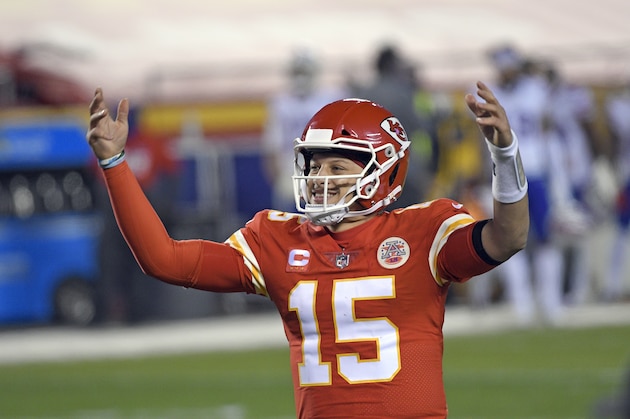 Kansas City Chiefs quarterback Patrick Mahomes celebrates at the end of the AFC championship NFL football game against the Buffalo Bills, Sunday, Jan. 24, 2021, in Kansas City, Mo. The Chiefs won 38-24. (AP Photo/Reed Hoffmann)