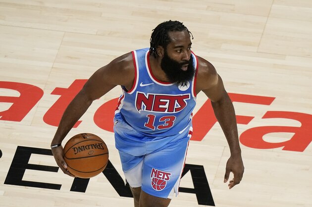 Brooklyn Nets guard James Harden (13) in the first half of an NBA basketball game Wednesday, Jan. 27, 2021, in Atlanta. (AP Photo/Brynn Anderson)