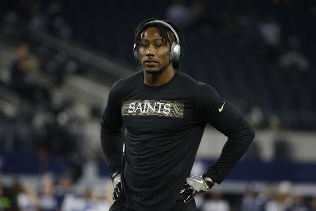 New Orleans Saints wide receiver Brandon Marshall before an NFL football game against the Dallas Cowboys, in Arlington, Texas, Thursday, Nov. 29, 2018. (AP Photo/Michael Ainsworth)