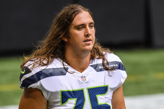 Seattle Seahawks offensive tackle Chad Wheeler (75) before an NFL football game against the Atlanta Falcons, Sunday, Sept. 13, 2020, in Atlanta. The Seattle Seahawks won 38-25. (AP Photo/Danny Karnik)