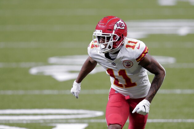 Kansas City Chiefs wide receiver Demarcus Robinson (11) runs off the line of scrimmage in the second half of an NFL football game against the New Orleans Saints in New Orleans, Sunday, Dec. 20, 2020. (AP Photo/Brett Duke)