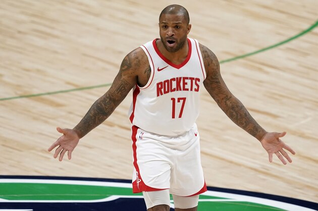 Houston Rockets forward P.J. Tucker looks to an official looking for a foul to be called against the Dallas Mavericks during an NBA basketball game in Dallas, Saturday, Jan. 23, 2021. (AP Photo/Tony Gutierrez)