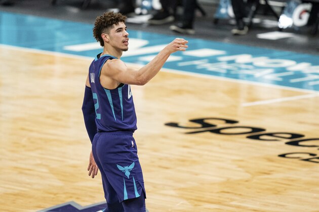 Charlotte Hornets guard LaMelo Ball (2) during the first half of an NBA basketball game against the Milwaukee Bucks in Charlotte, N.C., Saturday, Jan. 30, 2021. (AP Photo/Jacob Kupferman)