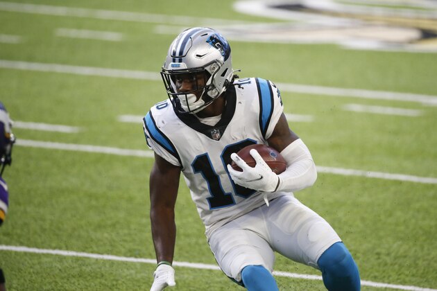 Carolina Panthers wide receiver Curtis Samuel runs up field during the second half of an NFL football game against the Minnesota Vikings, Sunday, Nov. 29, 2020, in Minneapolis. (AP Photo/Bruce Kluckhohn)