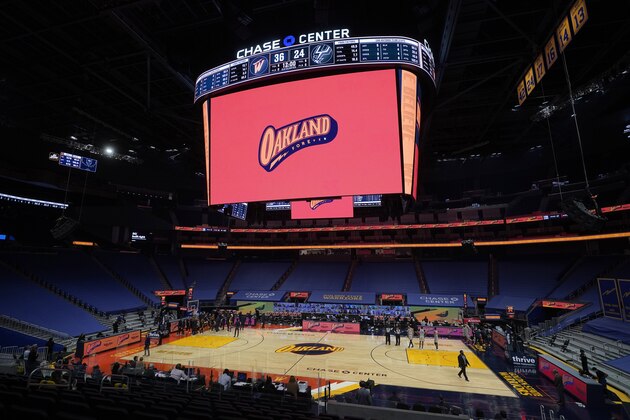 An Oakland sign is shown on the video board at Chase Center during an NBA basketball game between the Golden State Warriors and the San Antonio Spurs in San Francisco, Wednesday, Jan. 20, 2021. (AP Photo/Jeff Chiu)