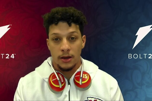 In this still image from video provided by the NFL, Kansas City Chiefs quarterback Patrick Mahomes (15) speaks during Opening Night for the NFL Super Bowl 55 football game Monday, Feb. 1, 2021. (NFL via AP)