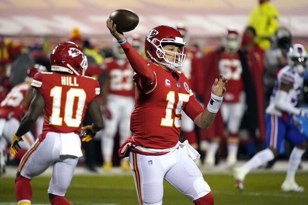 Kansas City Chiefs quarterback Patrick Mahomes throws a pass during the first half of the AFC championship NFL football game against the Buffalo Bills, Sunday, Jan. 24, 2021, in Kansas City, Mo. (AP Photo/Jeff Roberson)