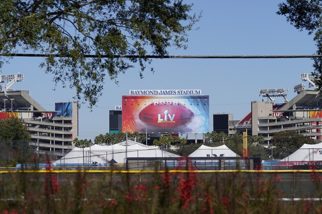 Raymond James Stadium, the site of NFL football Super Bowl LV, is shown Thursday, Jan. 28, 2021, in Tampa, Fla. The Tampa Bay Buccaneers play the Kansas City Chiefs on Feb. 7. (AP Photo/Chris O'Meara)