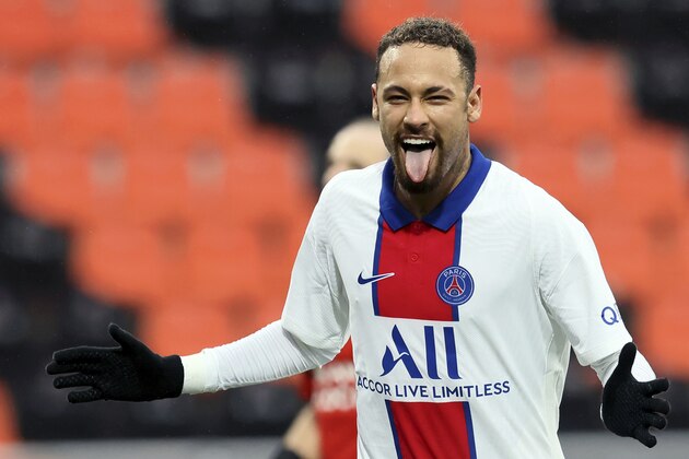 PSG's Neymar celebrates after scoring his side's second goal during the French League One soccer match between FC Lorient and Paris Saint-Germain at the Moustoir stadium in Lorient, western France, Sunday, Jan. 31, 2021. (AP Photo/David Vincent)