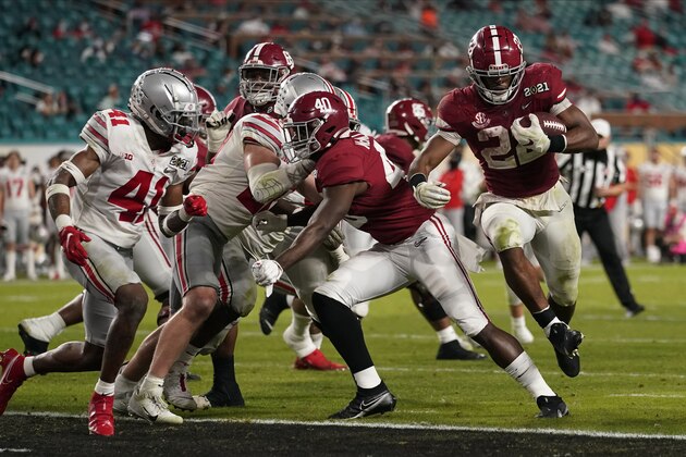 Alabama running back Najee Harris scores a touchdown against Ohio State during the second half of an NCAA College Football Playoff national championship game, Monday, Jan. 11, 2021, in Miami Gardens, Fla. (AP Photo/Lynne Sladky)