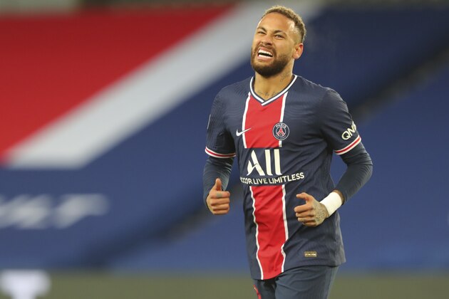 PSG's Neymar reacts during the French League One soccer match between Paris Saint-Germain and Montpellier at the Parc des Princes stadium in Paris, France, Friday, Jan.22, 2021. (AP Photo/Thibault Camus)