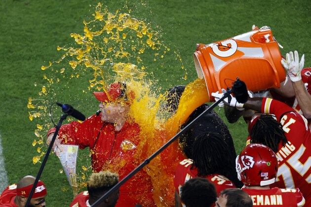 Kansas City Chiefs head coach Andy Reid has Gatorade pored on him as the Chiefs defeated the San Francisco 49ers in the NFL Super Bowl 54 football game Sunday, Feb. 2, 2020, in Miami Gardens, Fla. (AP Photo/Adam Hunger)