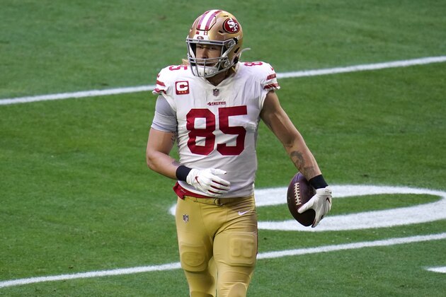San Francisco 49ers tight end George Kittle (85) warms up prior to an NFL football game against the Seattle Seahawks, Sunday, Jan. 3, 2021, in Glendale, Ariz. (AP Photo/Ross D. Franklin) San Francisco 49ers tight end George Kittle (85) warms up prior to an NFL football game against the Seattle Seahawks, Sunday, Jan. 3, 2021, in Glendale, Ariz. (AP Photo/Ross D. Franklin)